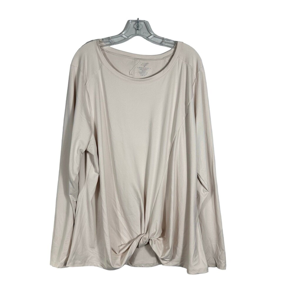TAHARI Sport Women Pullover Ecru knot Front Long Sleeve Crew Neck Blouse Plus 3X
